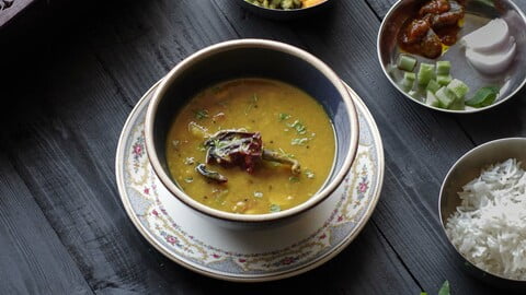 Gujarati wedding dal with Bhaji (vegetables), rice and mango pickle