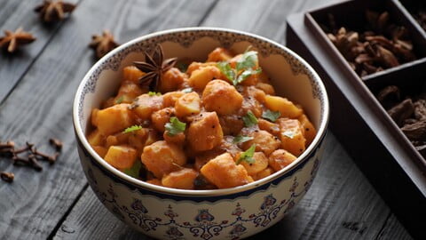 Batata nu shaak - Kartoffelcurry aus Gujarat in einer bemalten Schüssel auf einem schwaren Brett neben Gewürzen