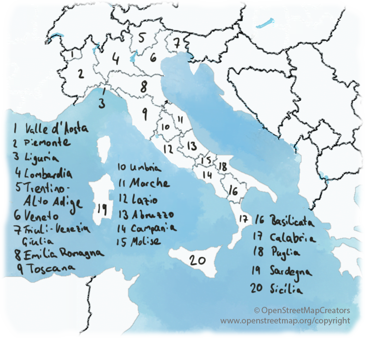 A map with the regions of Italy