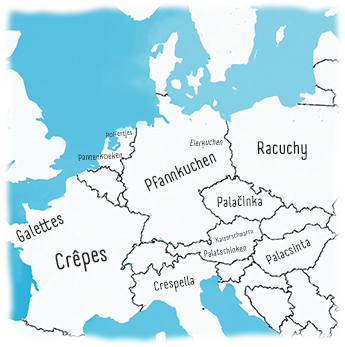 Eine Karte Mitteleuropas mit verschiedenen Pfannkuchenvarianten - A map of central Europe of different pancake varieties - France: Galettes, Crêpes; Netherlands: Poffertjes, Pannenkoeken; Germany: Pfannkuchen, in Berlin called Eierkuchen; Poland: Racuchy; Czech Republic: Palacinka; Austria: Palatschinken, Kaiserschmarrn; Italy: Crespella; Hungary: Palacsinta