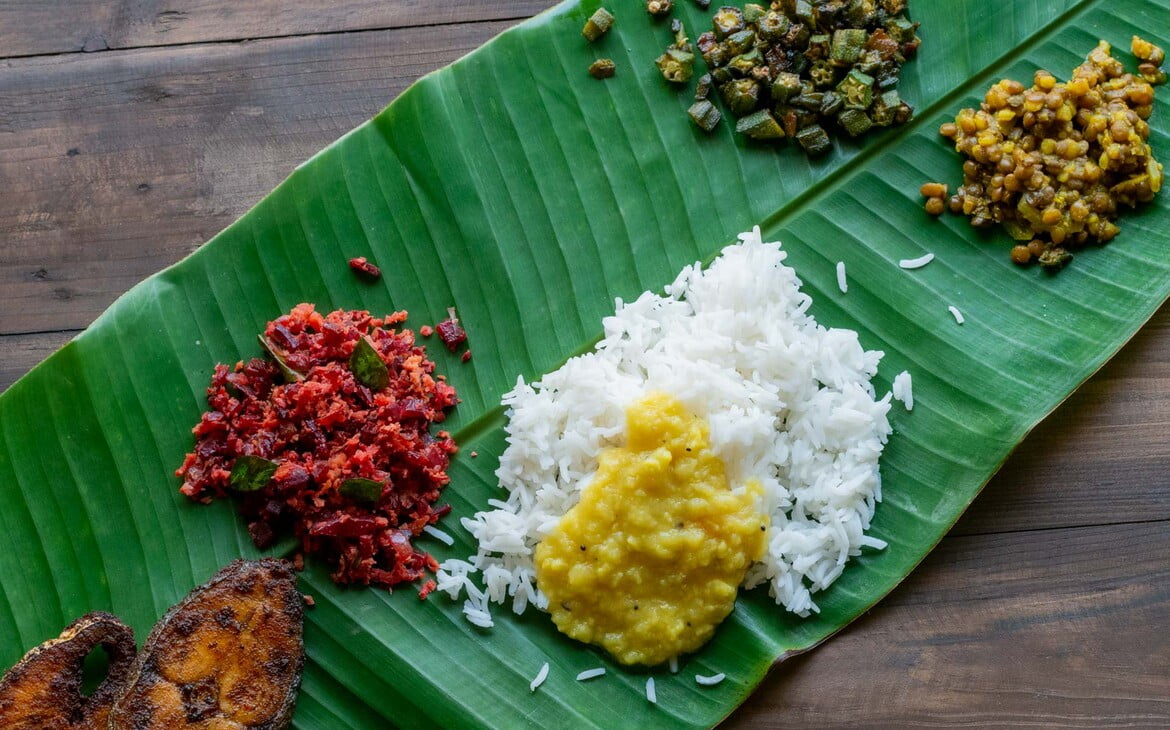 A South Indian non-veg meal from Kerala on a banana leaf